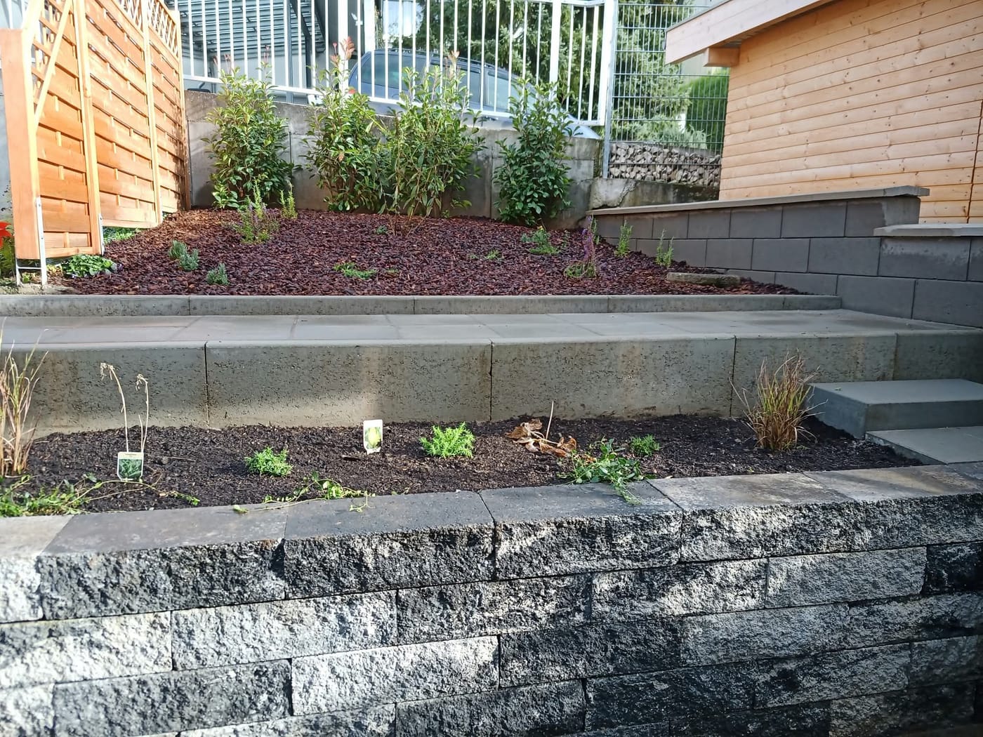 Terrassierter Vorgarten mit Blockstufen und Mauerwerk