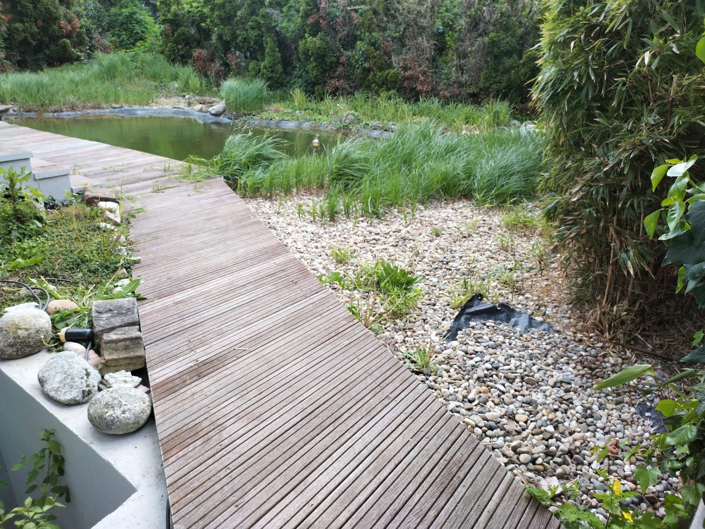 Vorher: Holzsteg am Teich mit verwildertem Kiesbett